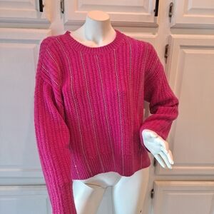 Nine West Vibrant Pink Crew Neck Sweater With Rhinestone Accents NWT